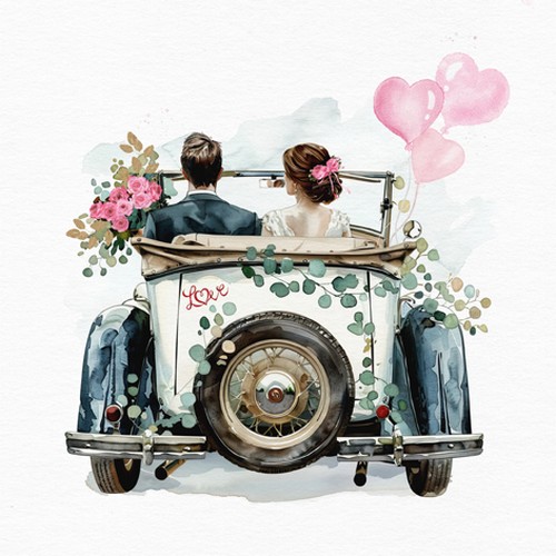 20 Servietten Journey into Happiness - Paar im Hochzeitsauto 33x33cm