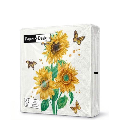 20 kleine Cocktailservietten Sunshine bloom - Sonnenblumen mit Schmetterlinge 25x25cm