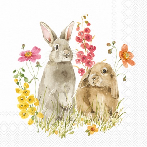 20 Servietten Hop on Spring - Hasen an dezenten Blumen 33x33cm