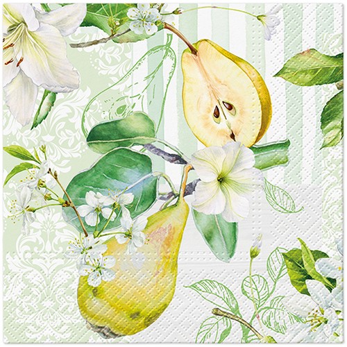 20 Servietten Pear Blossom - Birnen auf Streifen 33x33cm