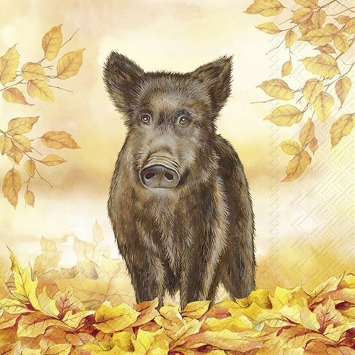 20 Servietten Wild Boar - Wildschwein in Herbstblätter 33x33cm