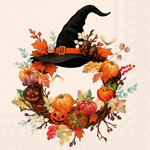 20 Servietten Whitch Wreath - Herbstkranz mit Hexenhut 33x33cm