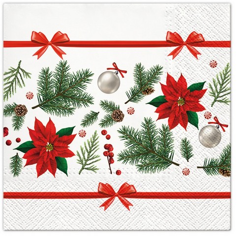 20 Servietten Festive Poinsettia - Weihnachtsstern an roten Schleifen 33x33cm