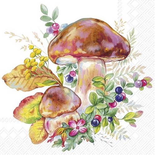 20 Servietten Mushroom Season white - Herrliche Waldszene mit Steinpilze 33x33cm