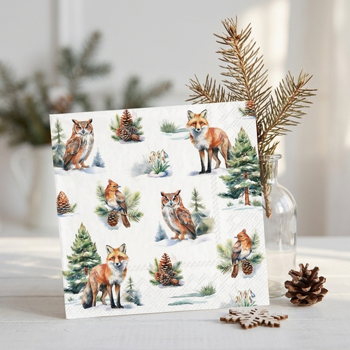 20 Servietten Winter Wildlife - Wintertiere an Bäume und Zapfen 33x33cm