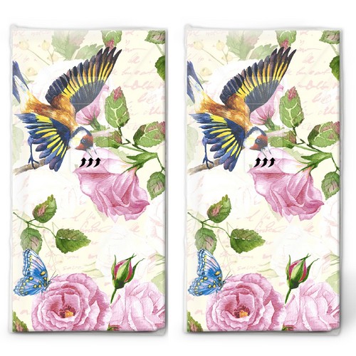 2x 10 Taschentücher Vintage garden - Vögel fliegen an Pfingstrosen