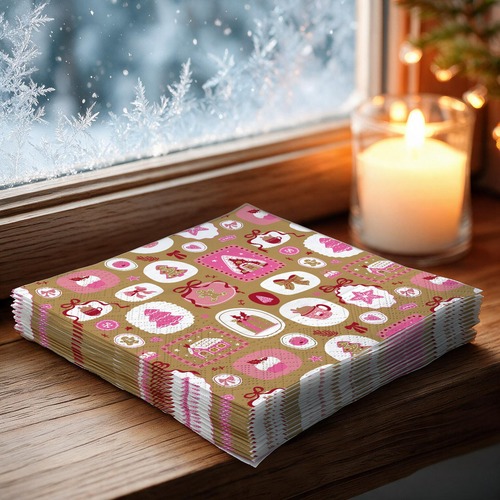 20 kleine Cocktailservietten Merry Deco - Pinke Weihnachtsornamente 25x25cm