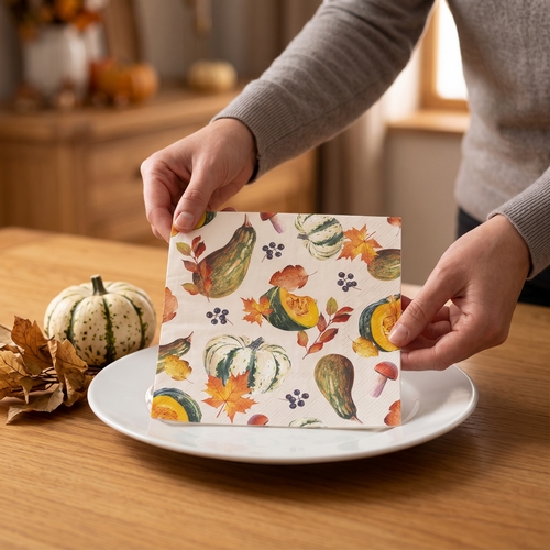 20 Servietten Fall Harvest cream - Leckere Kürbisse und Herbstblätter 33x33cm