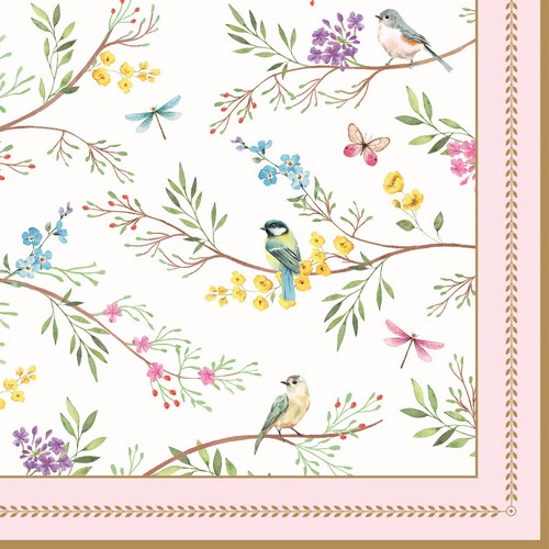 20 Servietten Birds Melody - Kleine Vögel auf zarte Äste 33x33cm