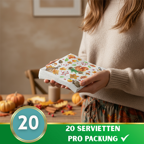 20 Servietten Autumn Moments - Herbstliche Blätter und Tiere  33x33cm