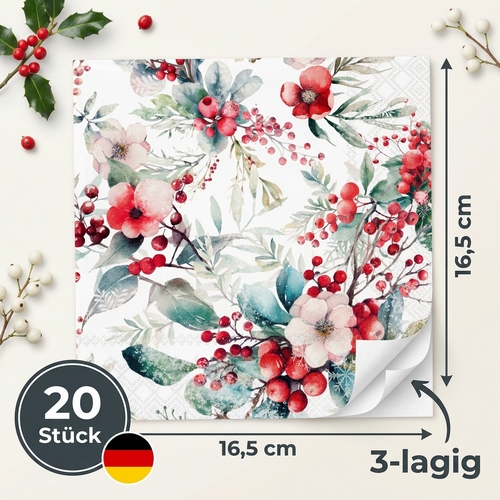 20 Servietten Winter Berries - Frostige Winterbeeren und Blätter 33x33cm