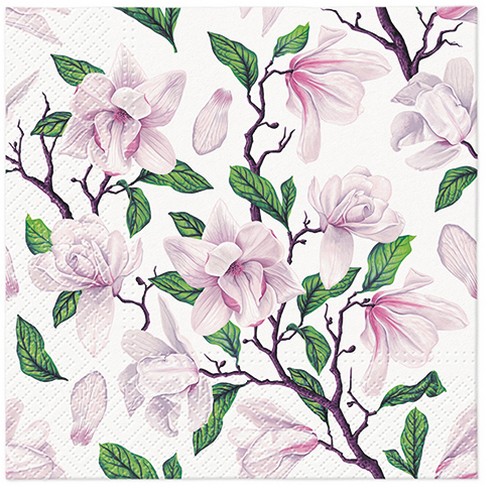 20 Servietten Greeting Magnolia - Aufblühende Magnolien an Zweige 33x33cm