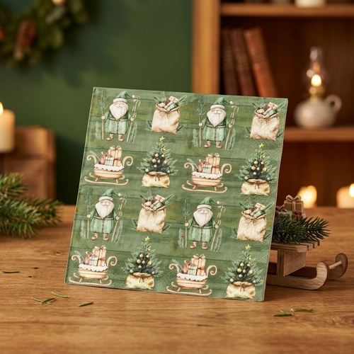 20 Servietten Petit Peres Noel - Zwerge, Schlitten & Weihnachtssack 33x33cm