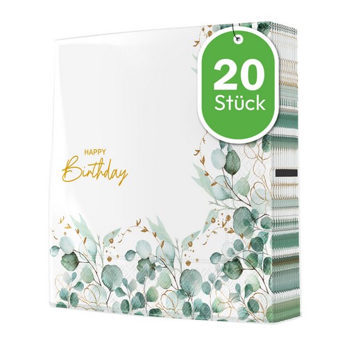 20 Servietten Eucalyptus Frame Happy Birthday - Eukalyptus Bordüre Geburtstag 33x33cm