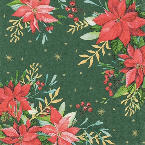 20 Servietten Traditional Poinsettia - Weihnachtsstern nach Tradition grün 33x33cm