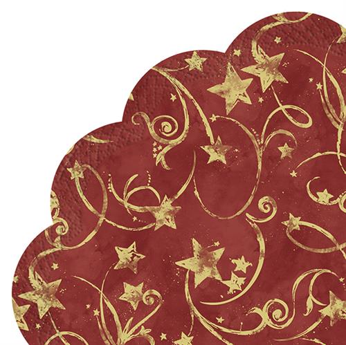 12 Servietten rund Star Garland red gold - Sterne in Eleganz rot Ø34cm