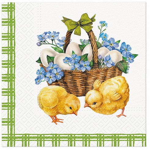 20 Servietten Chicks with Basket - Küken an Korb mit Vergissmeinnicht 33x33cm