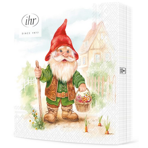 20 Servietten Gilbert - Gartenzwerg sammelt im Garten 33x33cm
