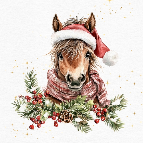 20 Servietten Small Napoleon - Pferd mit Weihnachtsmütze 33x33cm