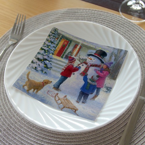 20 Servietten Fun withe Snowman - Kinder bauen Schneemann am Haus 33x33cm