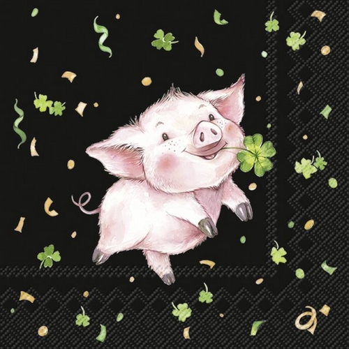 20 Servietten Lucky Pig black - Schweinchen mit Kleeblatt schwarz 33x33cm