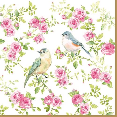 20 Servietten Spring Time – Vögel inmitten von Rosen 33x33cm