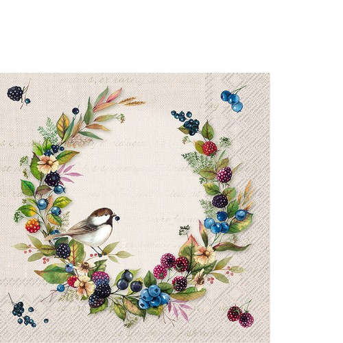 20 kleine Cocktailservietten Autumn Fruits cream - Vogel in Beerenkranz 33x33cm