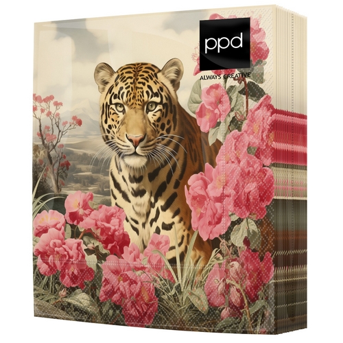 20 Servietten Leonore - Tiger hinter rosa Blüten 33x33cm
