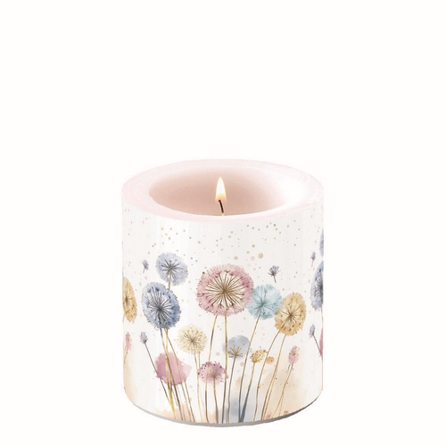 Kerze rund klein Dandelions  - Löwenzahn in Pastellfarben Ø 7,5cm, Höhe 9cm