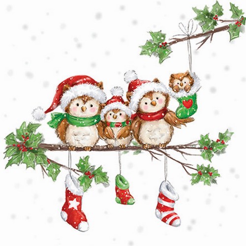 20 Servietten Owl Family - Niedliche Familie von Wintereulen 33x33cm