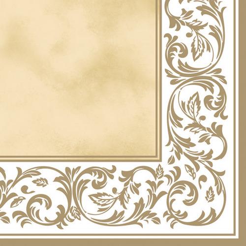 20 Servietten Rococo Pattern Ecru - Goldene Bordüre auf weiß/creme 33x33cm