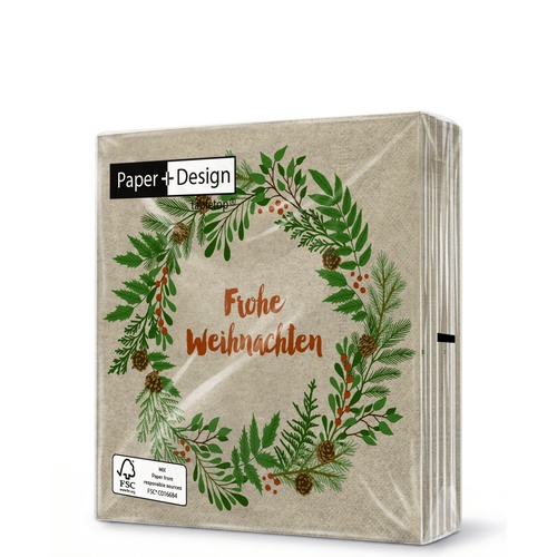 20 kleine Cocktailservietten aus Recycling-Papier Weihnachtskranz - Frohe Weihnachten im Weihnachtskranz 25x25cm