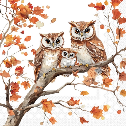 20 Servietten Family of Owls - Eulenfamilie auf Herbstbaum 33x33cm