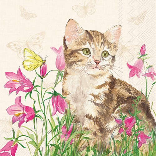 20 Servietten Minka cream - Katze an pinken Blumen 33x33cm