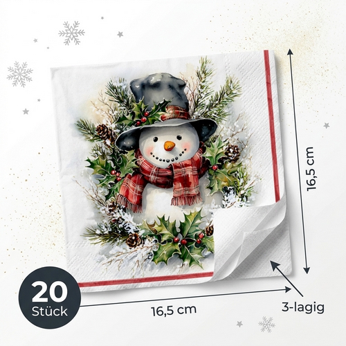 20 Servietten Snögubbe - Schneemann zwischen Zweige 33x33cm