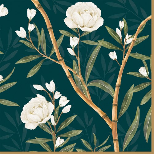 20 Servietten Royal Peonies - Weiße Pfingstrosen an Bambus 33x33cm