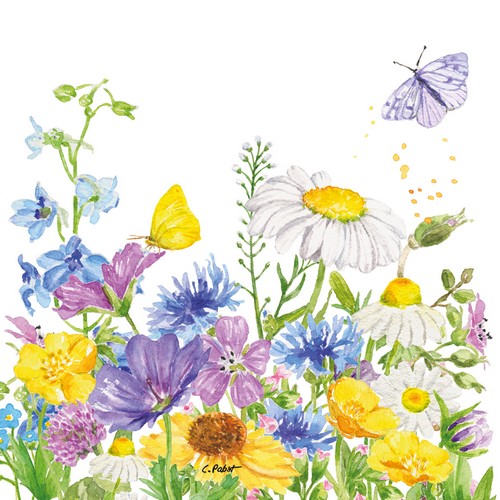 20 Servietten Summer Flowers - Schmetterling an wilder Wiese 33x33cm