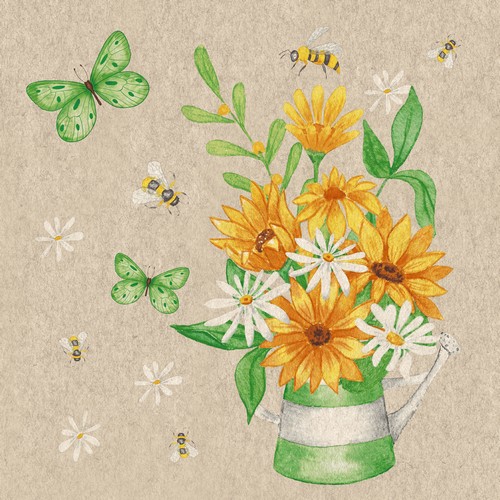20 Servietten nachhaltig Bees and blossoms - Vase mit gelben Blumen 33x33cm