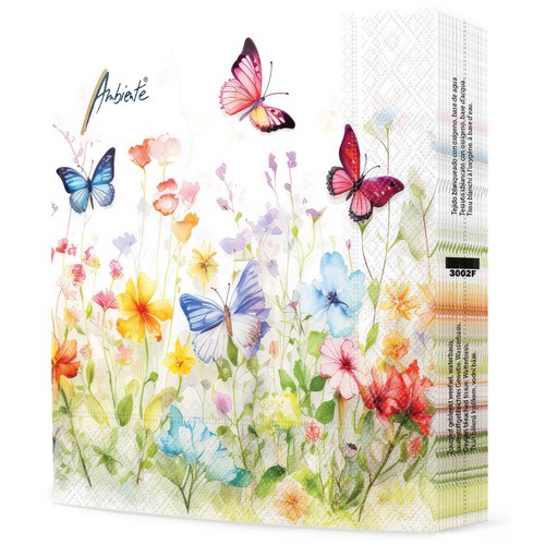 20 Servietten Butterflies in Field white  - Schmetterlinge im bunten Blumenfeld 33x33cm