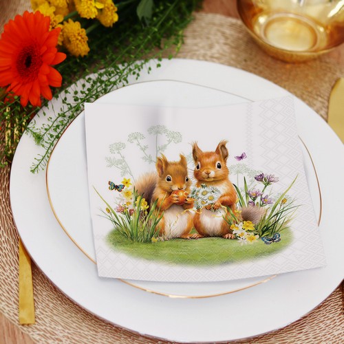 20 Servietten Little Squirrels - Eichhörnchen-Paar an Blumen 33x33cm