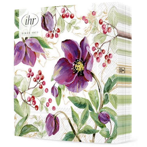 20 Servietten Rose Noel gold - Lila Christrosen mit Blätter 33x33cm