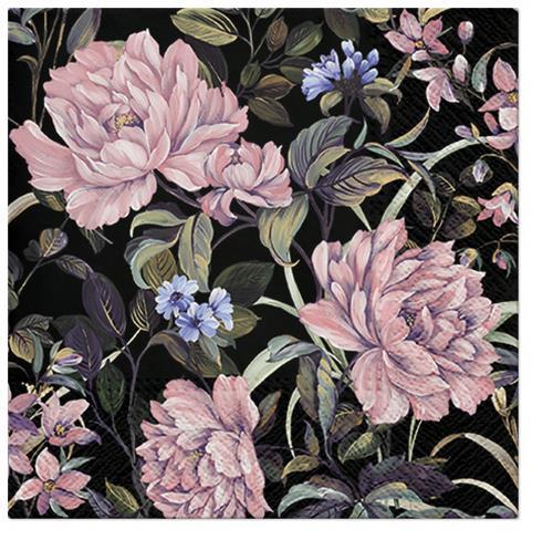20 Servietten Flowers Mystery - Mysteriöse Blumen auf schwarz 33x33cm