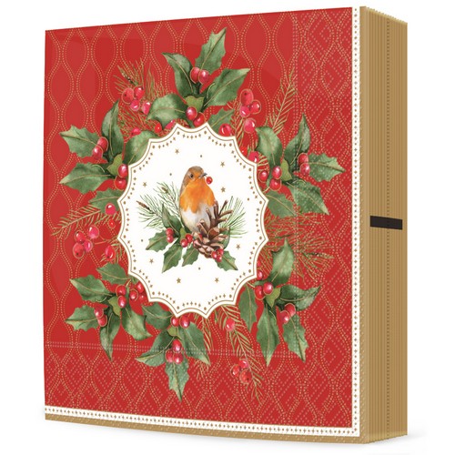 20 Servietten Christmas Berries - Rotkehlchen inmitten von Ilex 33x33cm