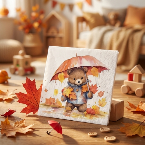 20 Servietten Umbrella Bear - Teddybär unter Schirm im Herbst 33x33cm