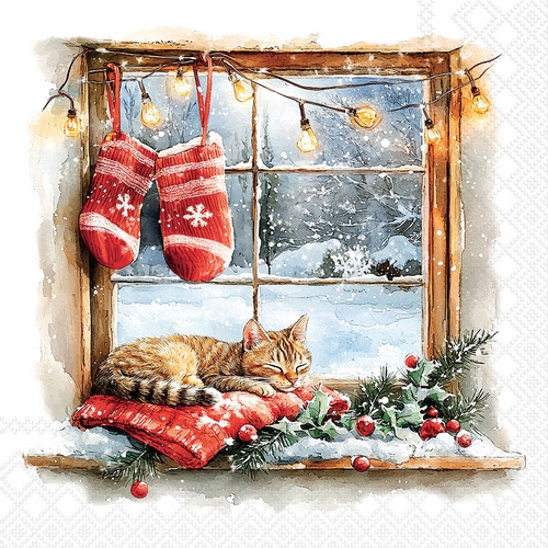 20 Servietten Winter Window - Katze an Weihnachtsfenster 33x33cm