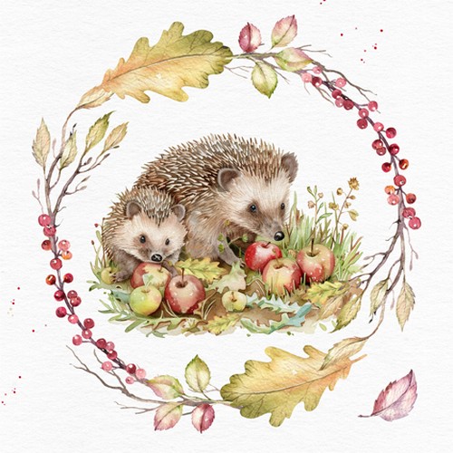 20 Servietten Hedehog Autumn Feast - Igel mit Äpfel im Kranz 33x33cm