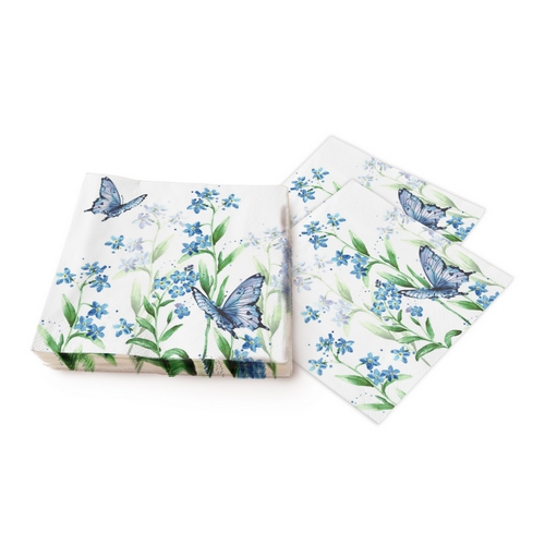 20 Servietten Azure bloom - Schmetterlinge an blauen Blumen 33x33cm
