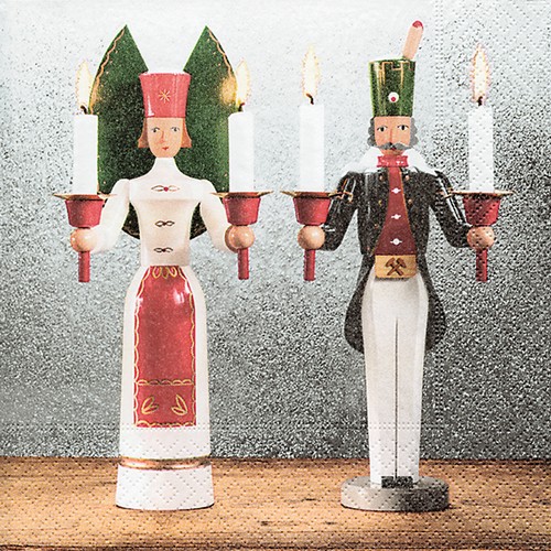 20 Servietten Erzgebirgstradition - Engel und Bergmann mit Lichter 33x33cm