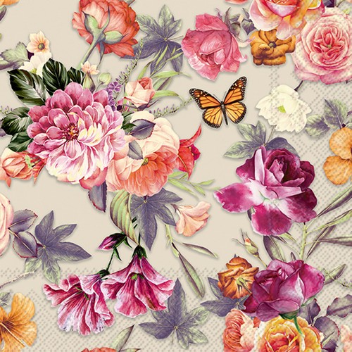 20 Servietten Noria - Einzelner Schmetterling zwischen Blumen 33x33cm