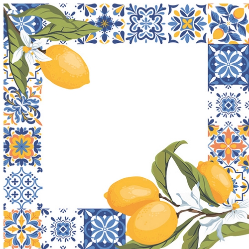 20 Servietten Frame with Tiles and Lemon - Gelbe Zitronen an Fliesenmuster 33x33cm
